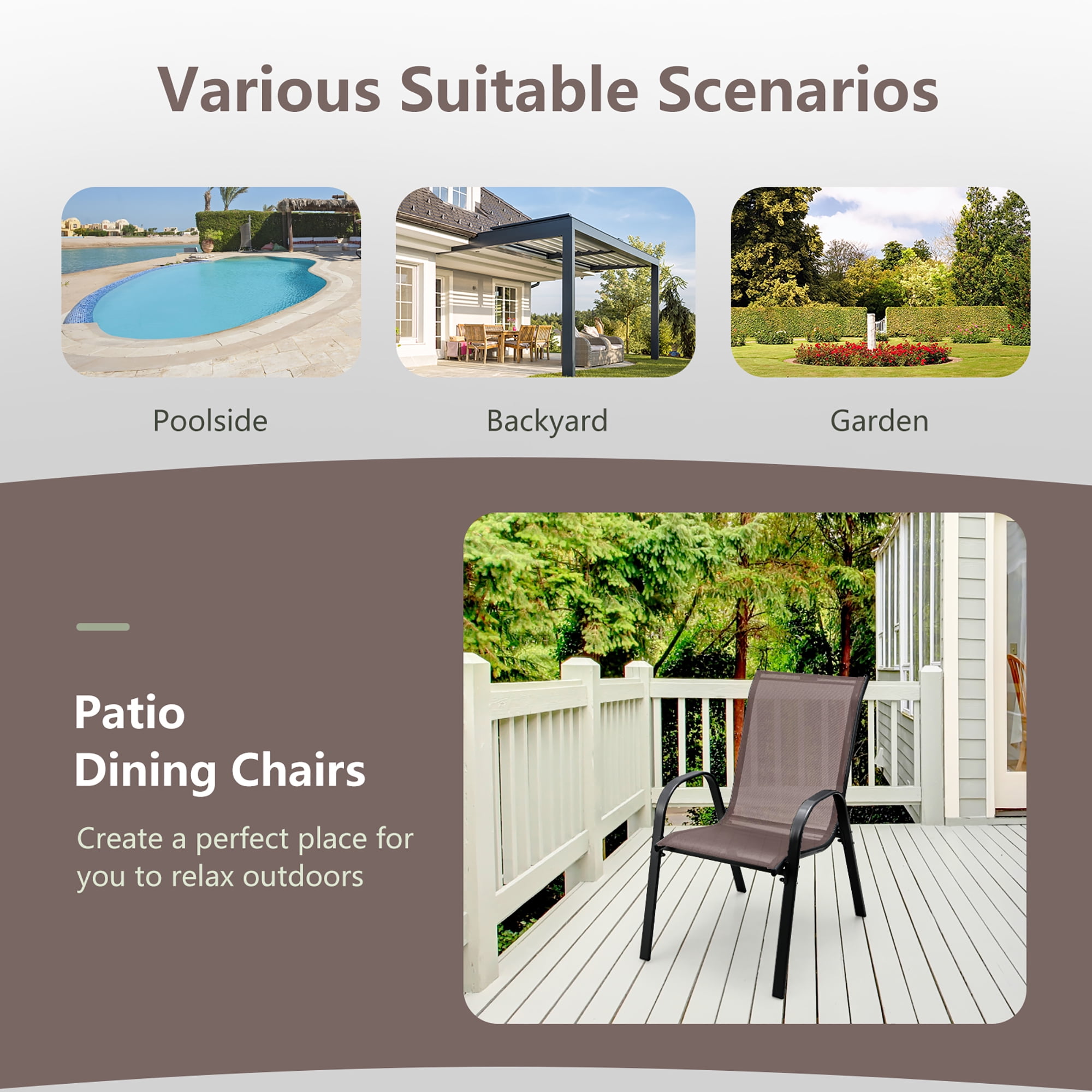 Gymax 4PCS Patio Stacking Dining Chairs w/ Curved Armrests & Breathable Seat Fabric Brown