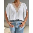thumbnail image 4 of Tops de manga corta con volantes para mujer de moda Casual Camisa de manga corta con cuello en V profundo de encaje para trabajo diario Compras Blanco Contraste Color L, 4 of 8