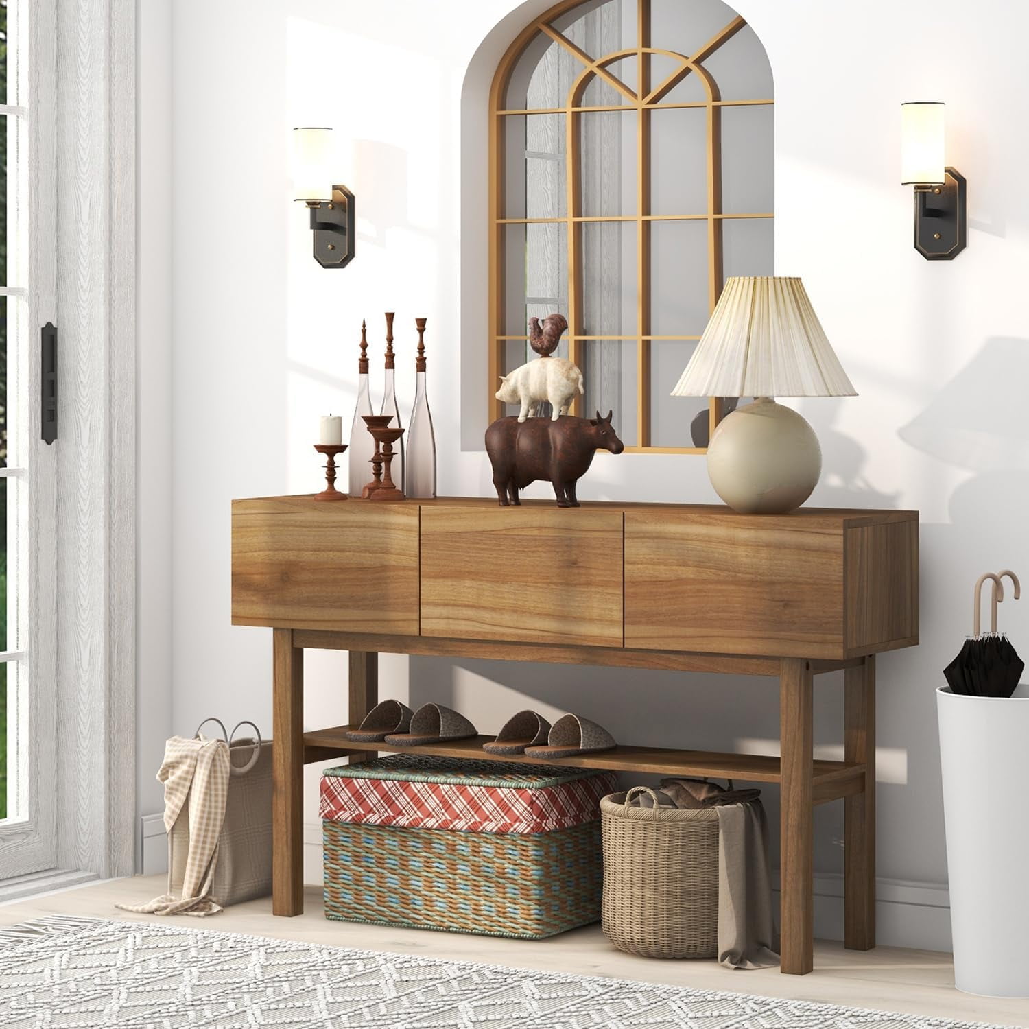 LAZZO Wood Console Table with 3 Drawers, 2-Tier Storage Shelves, Rustic Entryway Sofa Table for Living Room, Hallway & Foyer, Brown