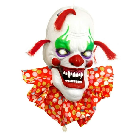 Animated Hanging Scary Circus Clown Face with Moving Speaking Mouth Prop Decoration - 3 Spooky Phrases, LED Eyes - Battery Operated