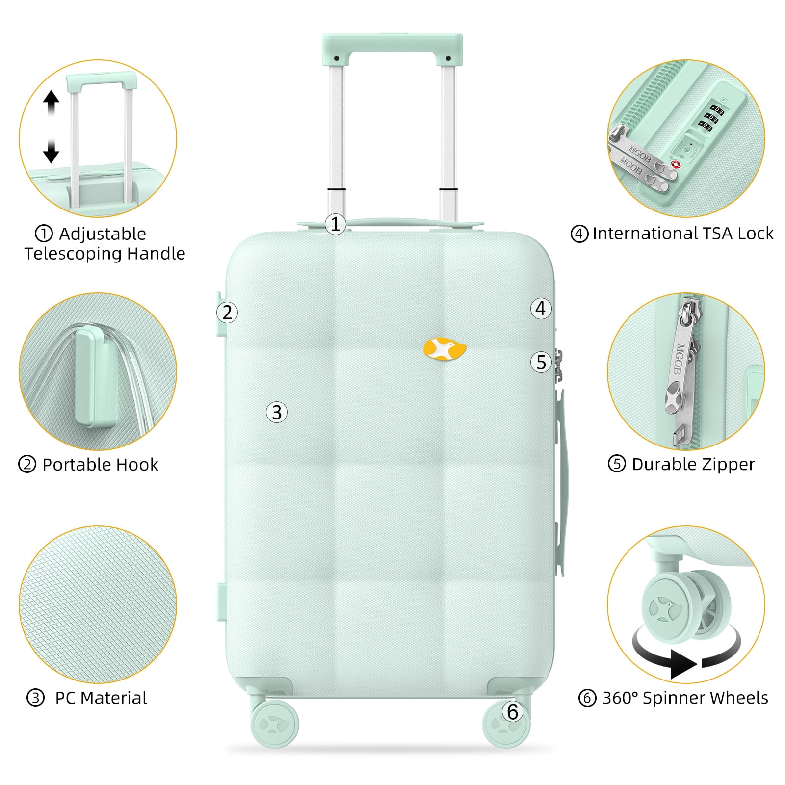 MGB Hardside 20“ Carry On Luggage with Spinner Wheels & Built-in TSA Lock, Durable Suitcase Rolling Luggage with Scratch-Resistant Surface, Carry-On 20-Inch Green