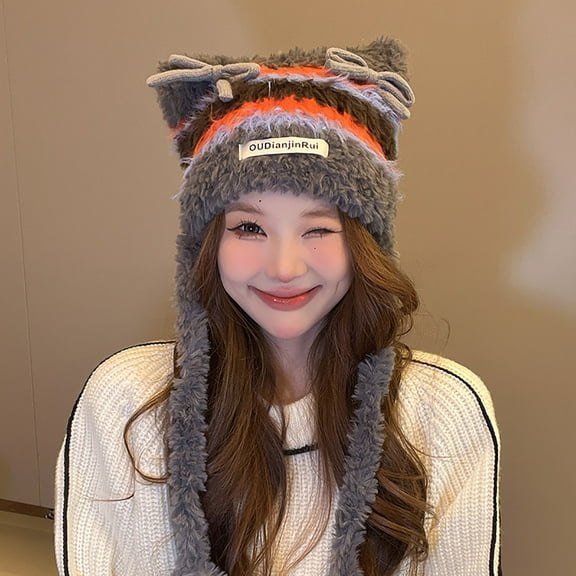 absanyy Women's Cute Cat Ear Antler Winter Hat - Acrylic Warm Fuzzy with Pom Pom Ear Flaps, One Size Fits All, Gray