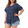 thumbnail image 2 of DARING DIVA Women's Plus Soft Tops V Neck Ruffle Sleeve Floral Casual Blouses 1X Dark Blue, 2 of 6
