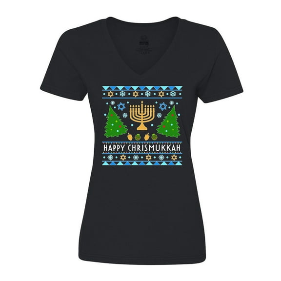 Inktastic Happy Chrismukkah Sweater Style with Menorah and Trees Women's V-Neck T-Shirt