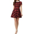 thumbnail image 2 of MODA NOVA Junior's Peter Pan Collar Puff Sleeves Above Knee Plaid Grid Dress, 2 of 6