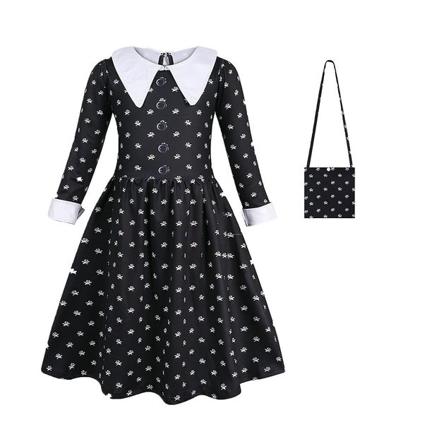 Vestido de miércoles Addams para niñas, vestido de fiesta Cosplay + bolsa + pelucas/vestido + bolsa/pelucas, disfraces de disfraces de 4 a 10 años