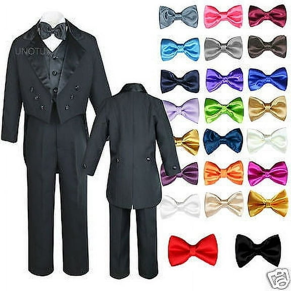 6pc Baby Kid Boy Wedding Formal Black Vest Tail Tuxedo Suits with extra Bow S-18