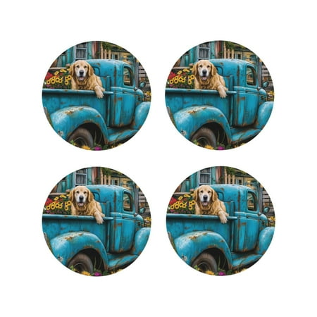 

Tideii Vintage Pickup Sunflower Dog for Leather Coasters 4 Pieces Anti-fouling and Anti-scalding Decorative Coasters Suitable for Restaurants Kitchens Coffee Shops-Round Shape