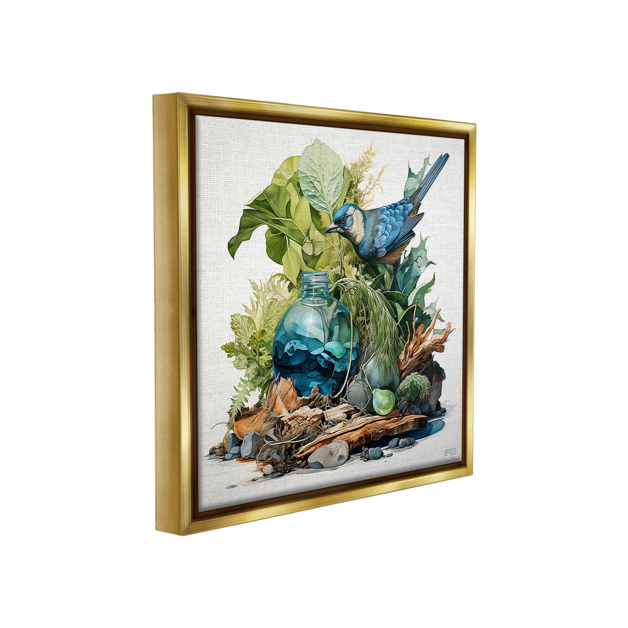 Stupell Industries Bluebird & Woodland Plants Animals & Insects Painting Gold Floater Framed Canvas Art Print Wall Art, 18 x 18