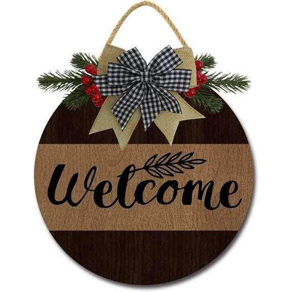 Eveokoki 12" Welcome Sign for Front Door Farmhouse Porch ,Rustic Round Wooden Hanging Wreaths for Housewarming gift Christmas Festival Decoration Wall Decor Outdoor Indoor