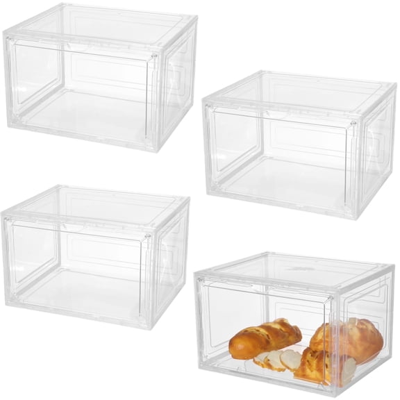 4 Pack Large Clear Bread Storage Boxes – Stackable Plastic Bakery Containers with Magnetic Doors, 13" Countertop Bread Keepers for Homemade & Bakery Bread