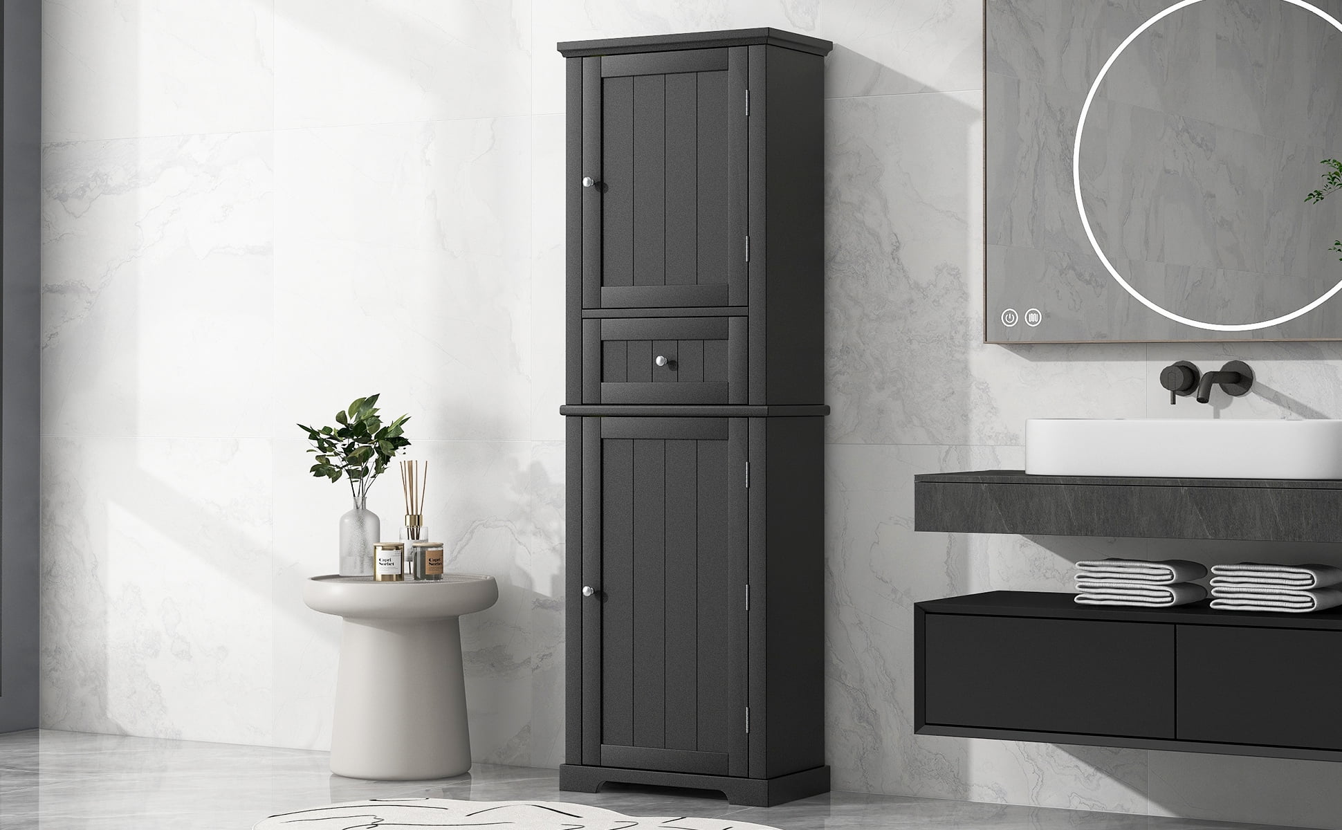 Euroco Tall Bathroom Storage Cabinet, Freestanding Storage Cabinet with Drawer and Adjustable Shelf, MDF Board with Painted Finish, Black