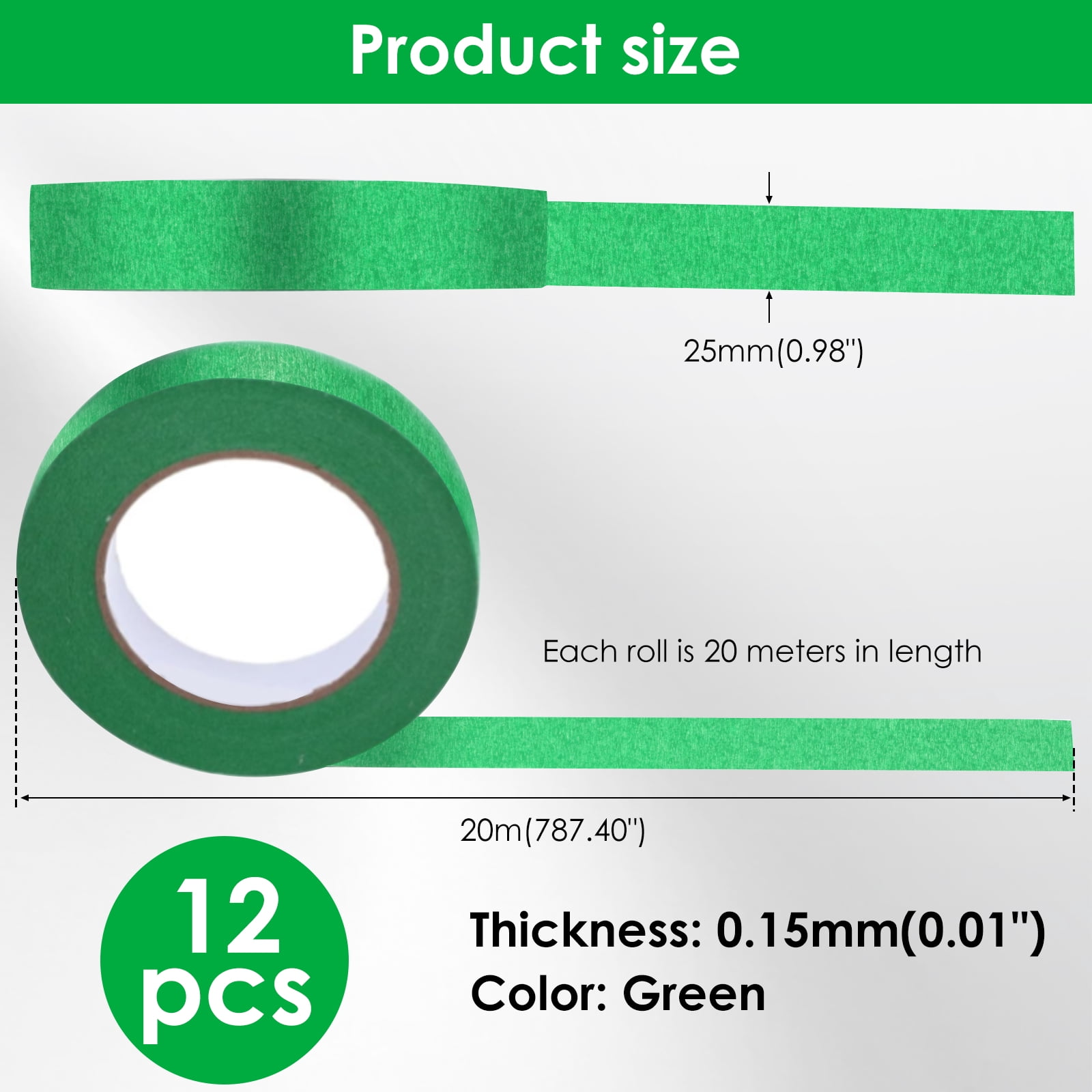 12 Rolls Green Masking Tape, Green Painters Tape 1 Inch Wide Smart Adhesion Paint Tape for DIY Crafts Art Car Wall Decor Painting, 22Yards