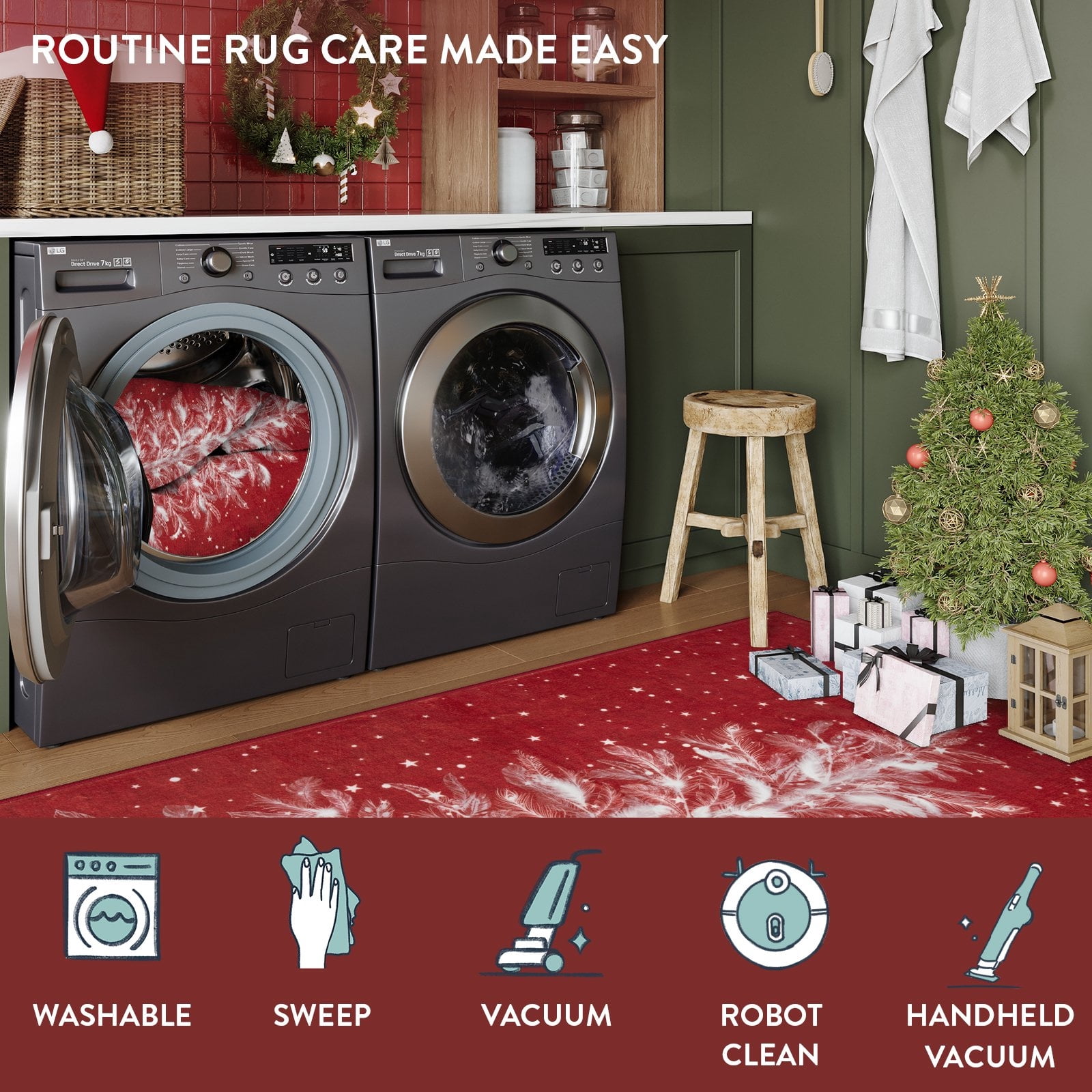 Lahome Christmas Round Rug 5ft Area Rug Red Christmas Tree Rug Washable Rug Indoor Carpet Decorative Circle Rug Round Non Slip Soft Rug Holiday Decor for Kitchen Bedroom Nursery,Red