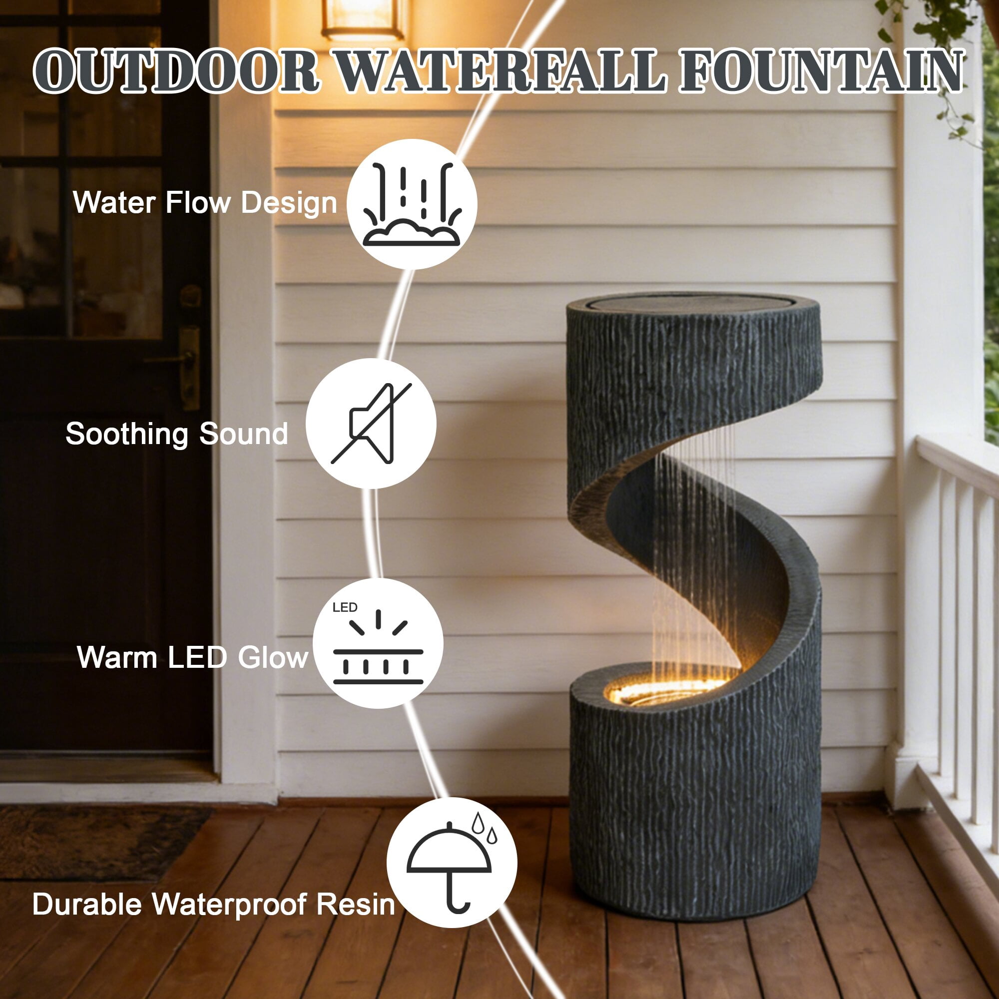 Kaluomm 32" Modern Spiral Column Outdoor Water Fountain with LED Light, Freestanding Resin Waterfall for Patio Garden Decor, Gray