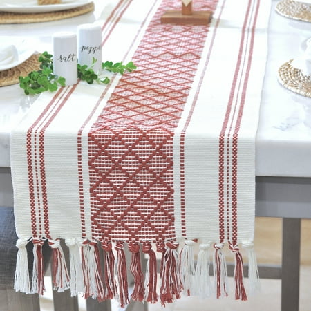 

Boho Dining Table Runner with Tassels 14 x 72 Inches Rust Brown and Cream | Boho Dresser Scarf / Farmhouse Cotton Woven Console Table or Buffet Top Cover