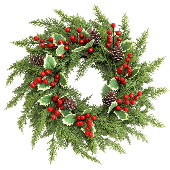 Kidsjoy 23.62 Inch Christmas Wreath for Front Door, Red Berry Wreath with Pine Needles Pine Cones, Christmas Decorations for Wall Outdoor Home Holiday Xmas Decor