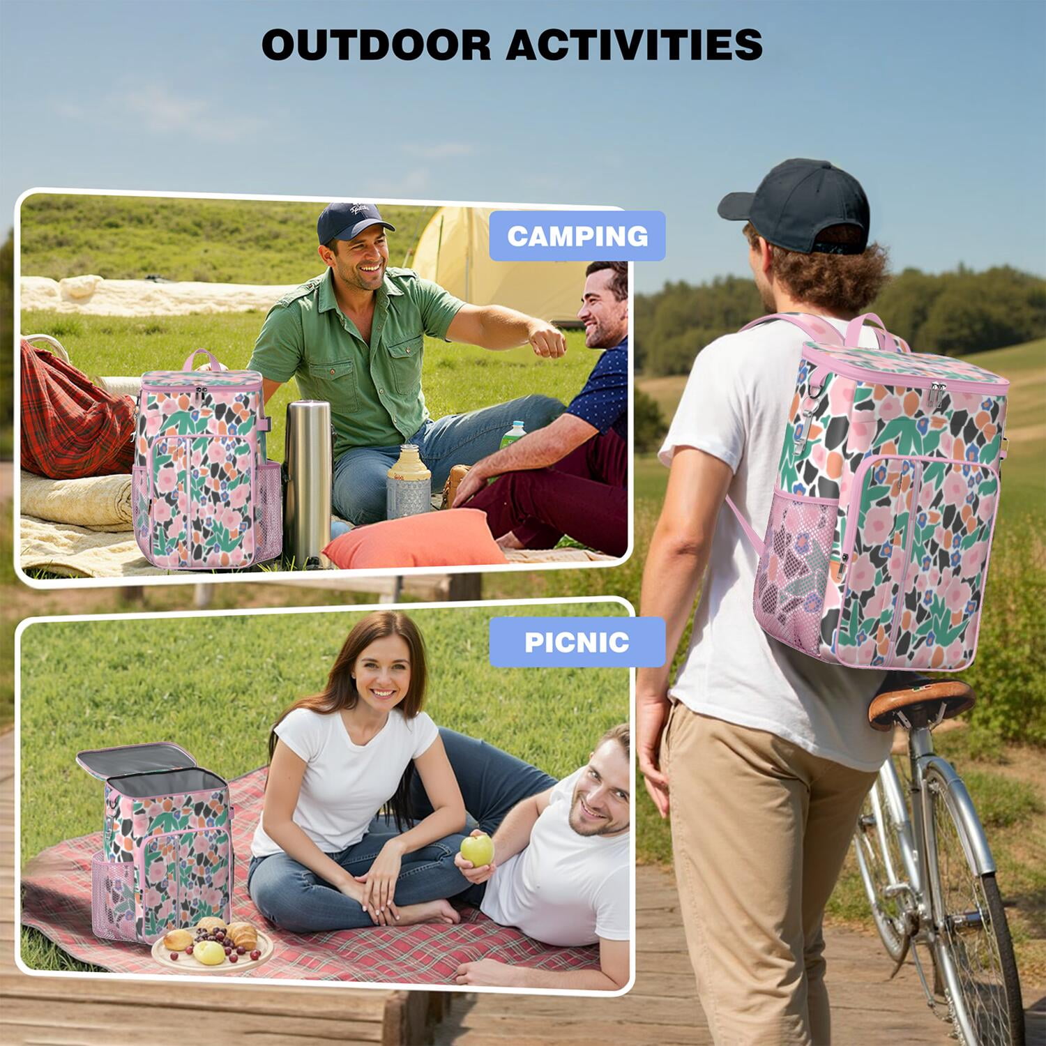 Travel Cooler Bag - Pioneer Flower Floral Print Pattern Camping Beer Cooler Backpack with Bottle Opener- Waterproof Insulated Picnic Backpacks - Cooler Bag for Beach