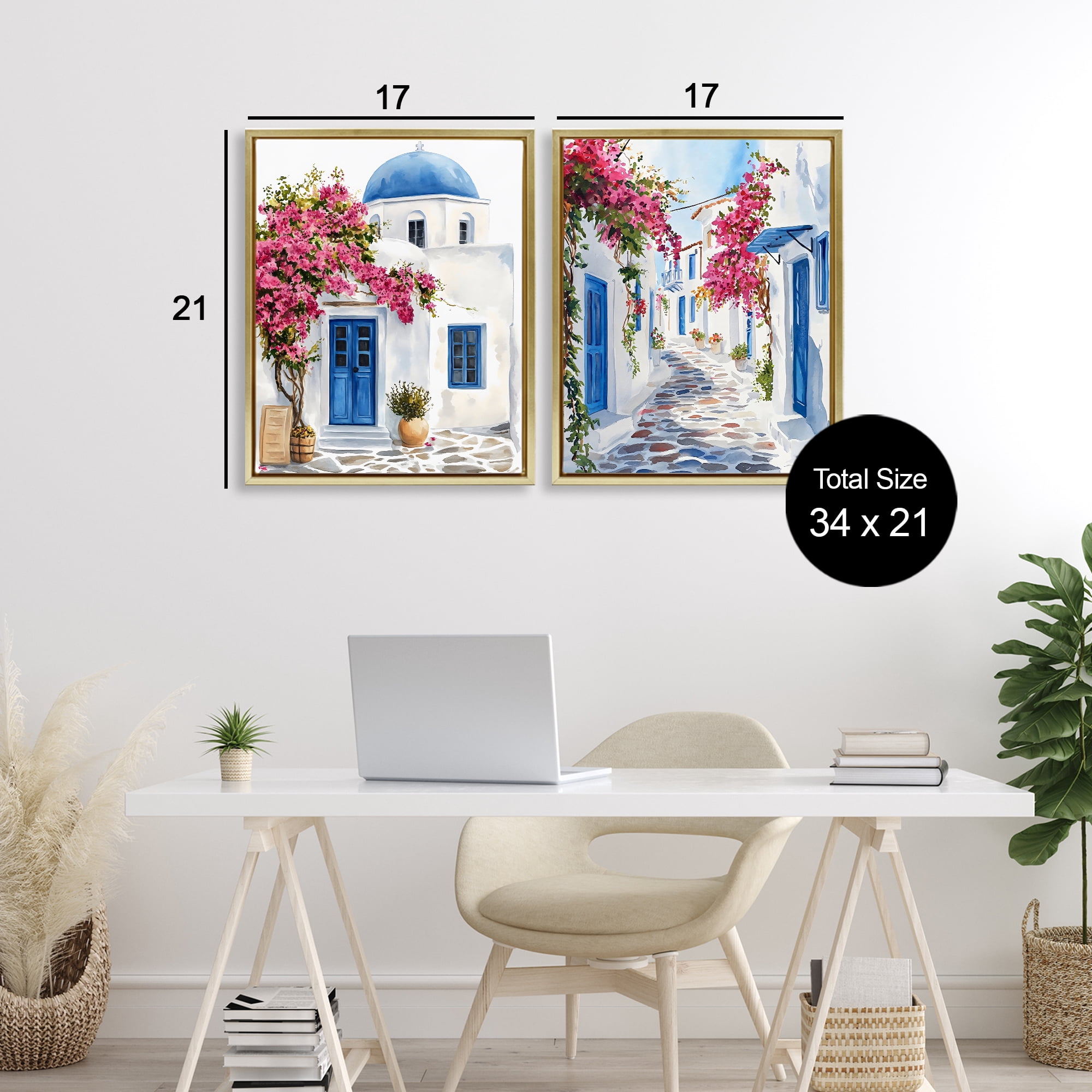 Stupell Industries Santorini House with Pink Tree 2 Piece Gold Framed Floater Canvas Set, design by LSR Design Studio