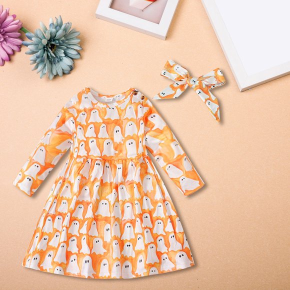 EnJoCho Baby Girl Halloween Dress Pumpkin 𝖲kull Print A-Line Long Sleeve Casual Play Dress Fall Season Outfit Toddler 𝖳𝗋𝗂𝖼𝗄 𝗈𝗋 𝖳𝗋𝖾𝖺𝗍 Dress Comfort Fit