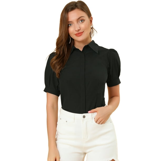 Camisa abotonada de oficina Allegra K de algodón con cuello de manga abullonada para mujer Negro L