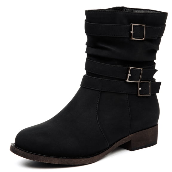 Ataiwee Women's Mid-Calf Boots, Lightweight Non-Slip Sole PU Leather Cowboy Boots, Double Buckle Side Zipper Casual Outdoor Daily Boots.