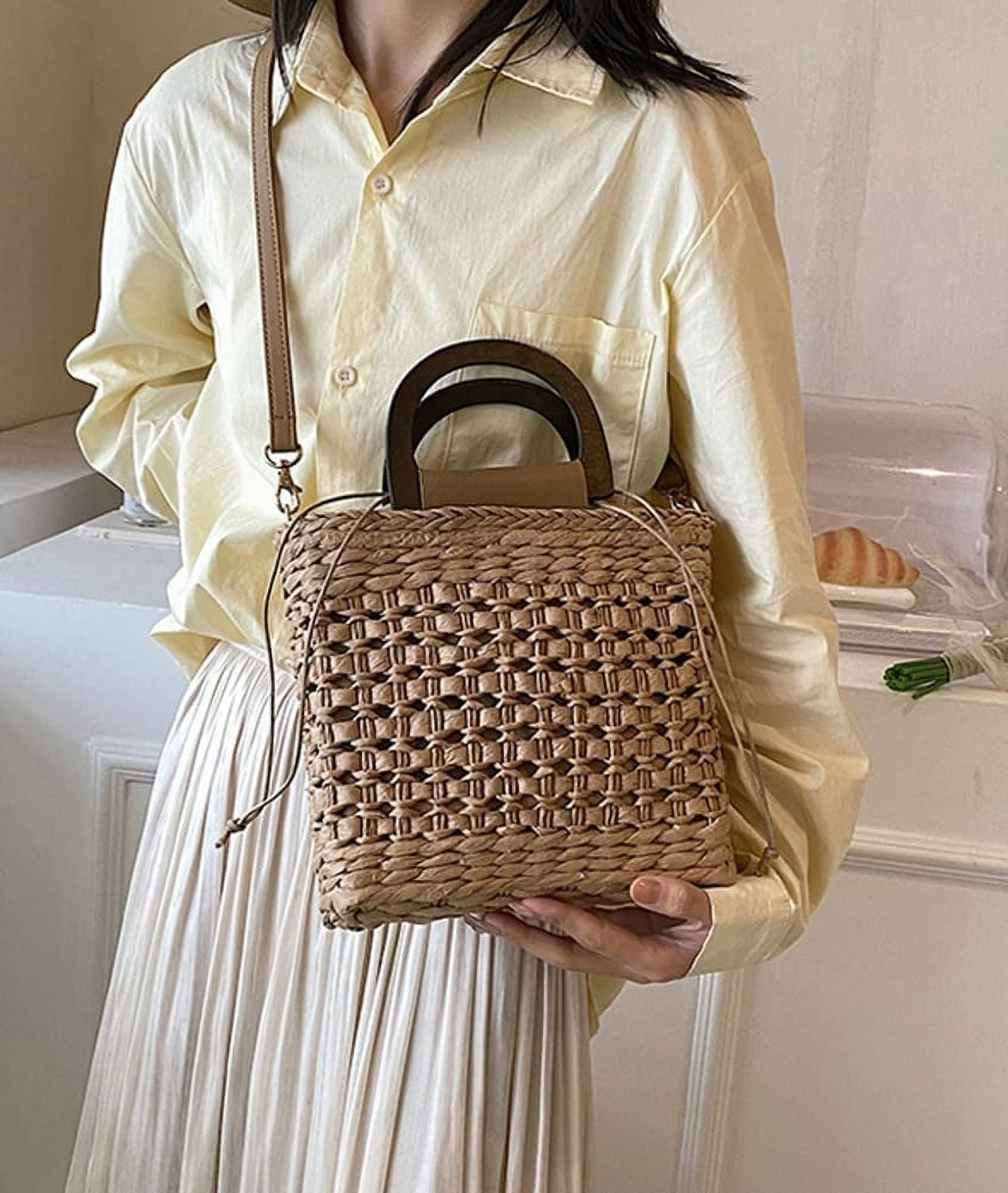 Municipal Women Straw Handbag Beach Bag Woven Rattan Crossbody Bags Handmade Leather Straps Satchel Clutch Purse Summer Vacation