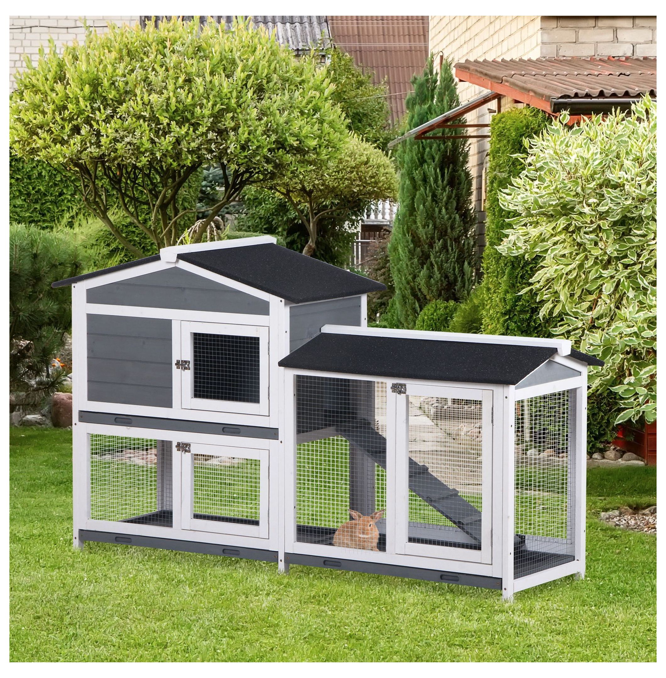 Rabbit Hutch 2-Story Wooden Bunny Cage with Ramp & Weatherproof Roof - Outdoor Small Animal House for 2-4 Rabbits - Gray