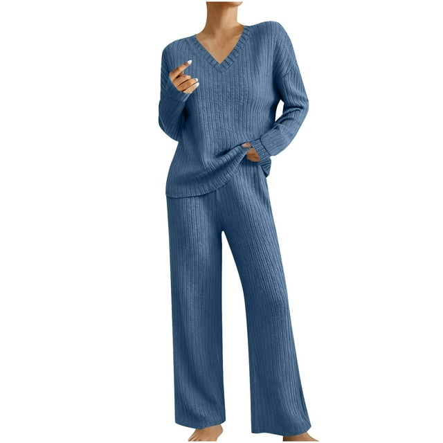 UAMVSH Womens 2 Piece Set Textured Long Sleeve Tops Wide Leg Pants Matching Set Soft Warm V Neck Loungewear Fall Winter Outfits