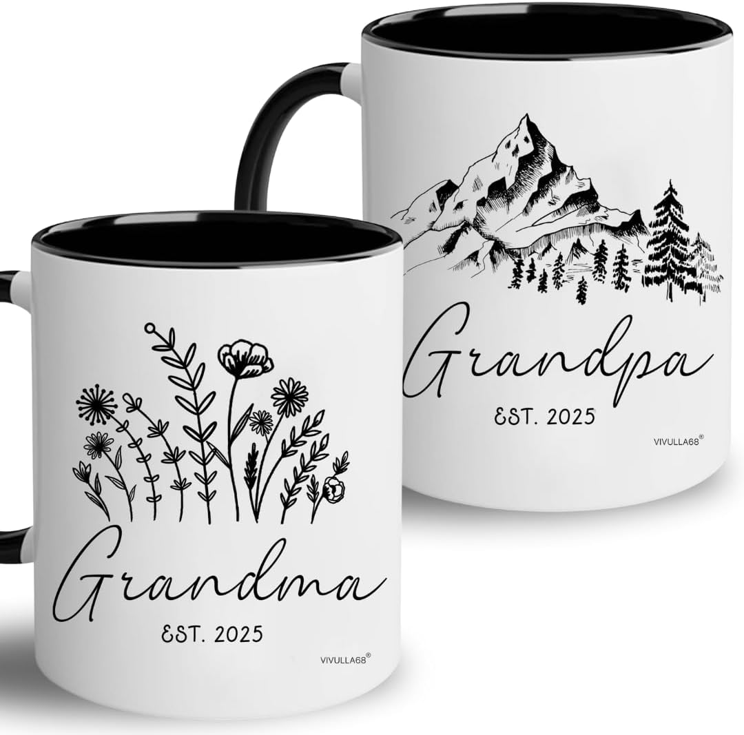 New Grandparents Gifts First Time 2025 - Pregnancy Announcement For Grandparents Mug Set - Promoted To Grandparents Grandma And Grandpa 2025 Mugs - Grandparents Baby Announcement Gifts Est 2025 Cups