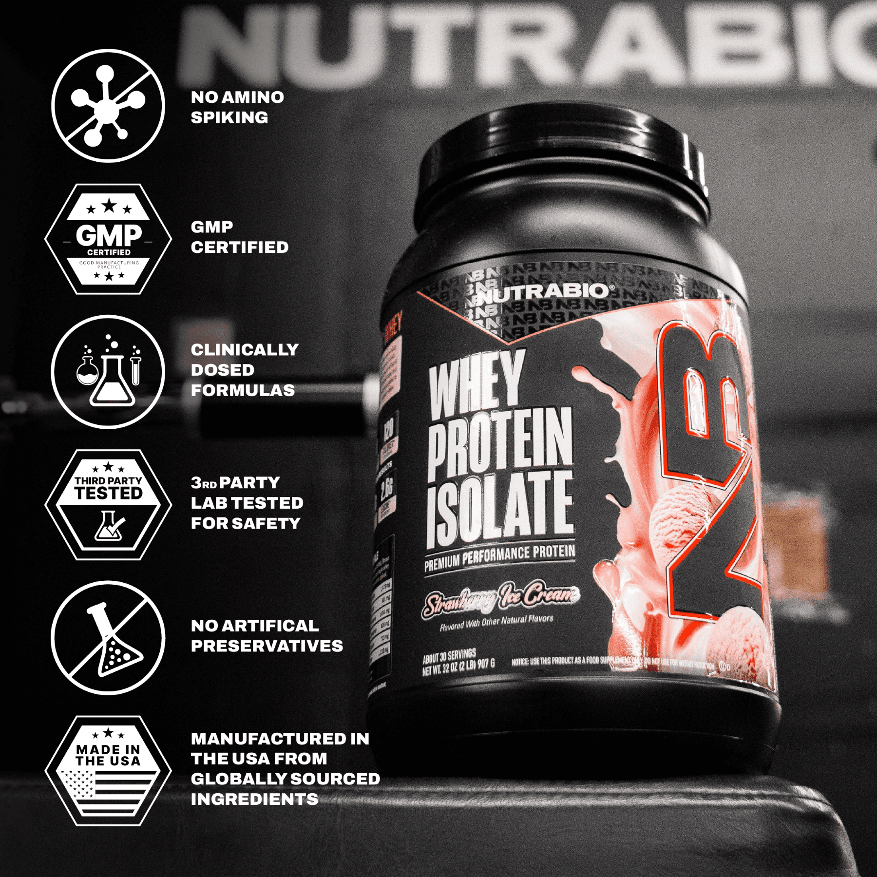 NutraBio 100% Whey Protein Isolate Protein Powder, 25g Protein with Complete Amino Acid Profile, Non-GMO, Soy & Gluten Free, Low Carb, Low Calorie Whey Protein Powder, Strawberry Ice Cream, 2 Lbs