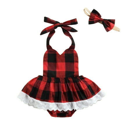 

B91xZ Toddler Girl Summer Outfits Baby Girls Plaid Spring Summer Sleeveless Romper Bodysuit Headbands Clothes (Sizes 18-24 Months)