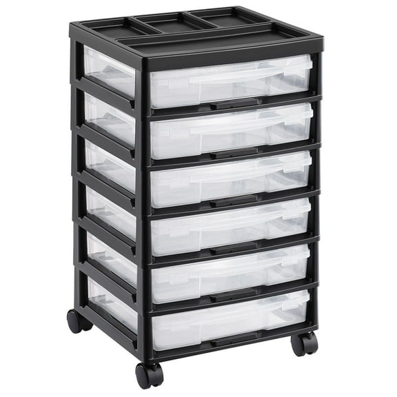 Scrapbook Rolling Storage Cart with 6 Clear Plastic Cases – 6-Tier Mobile Organizer, Black