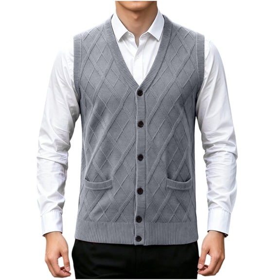 Riecok Mens Button Sweater Vest Sleeveless V Neck Cardigans Lightweight Solid Winter Tops with Pockets Gray 2XL