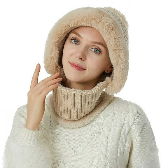 iHPH7 One Piece Cold Scarf Hats Hat and Scarf Set for Women Winter Scarf Windproof Scarf Hats Hat Scarf Neck Warmer Scarves for Women Beige M