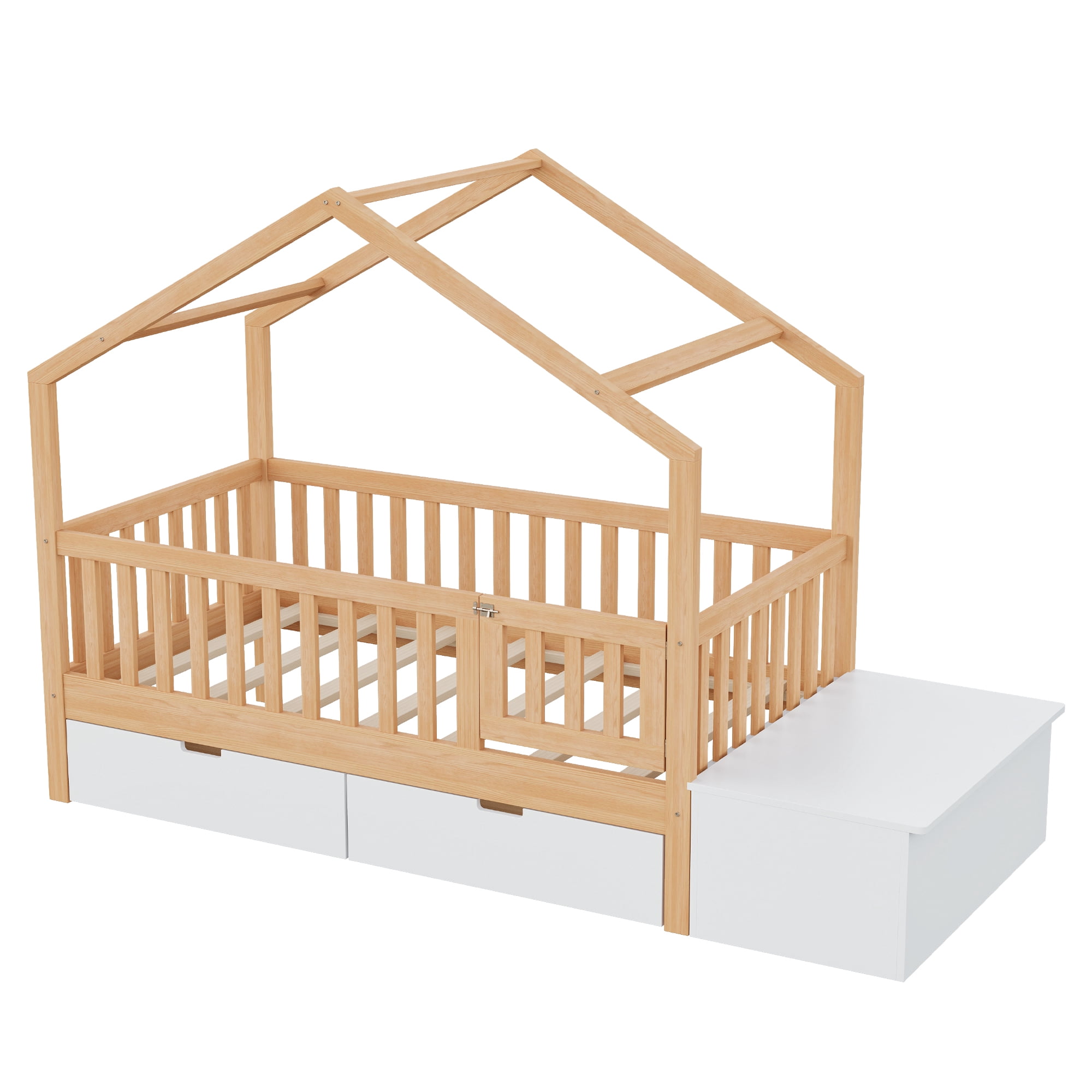Toddler Bed with Storage Drawers and Lift-Top Chest, Solid Wood Playhouse Bed and Montessori Floor Bed with Safety Railings, Natural and White