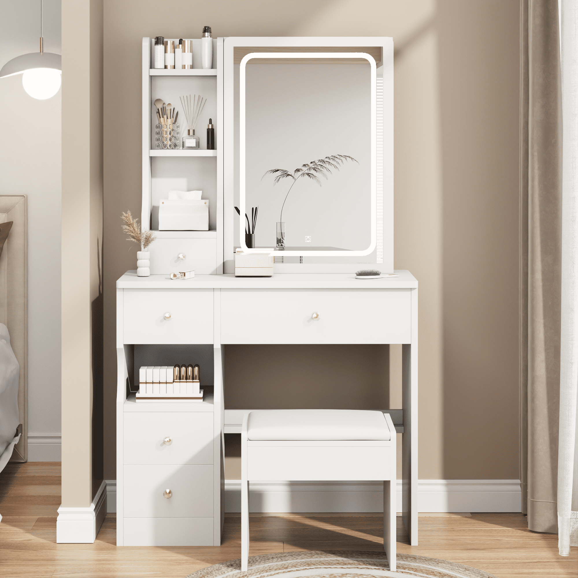 PORKISS Vanity Set with Sliding LED Mirror for Girls, Vanity Desk with Cushioned Stool and 4 Storage Drawers, Multi-Layer Shelves, Dressing Table for Small Bedroom, White