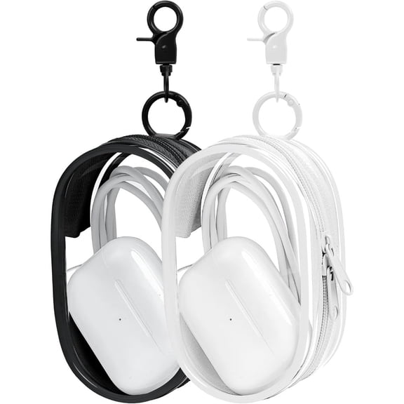 Ruizzi Transparent Earbud Case, Shockproof Protective Carrying Pouch with Swivel Hook for AirPods & Wireless Earbuds (2-Pack, Black & White)