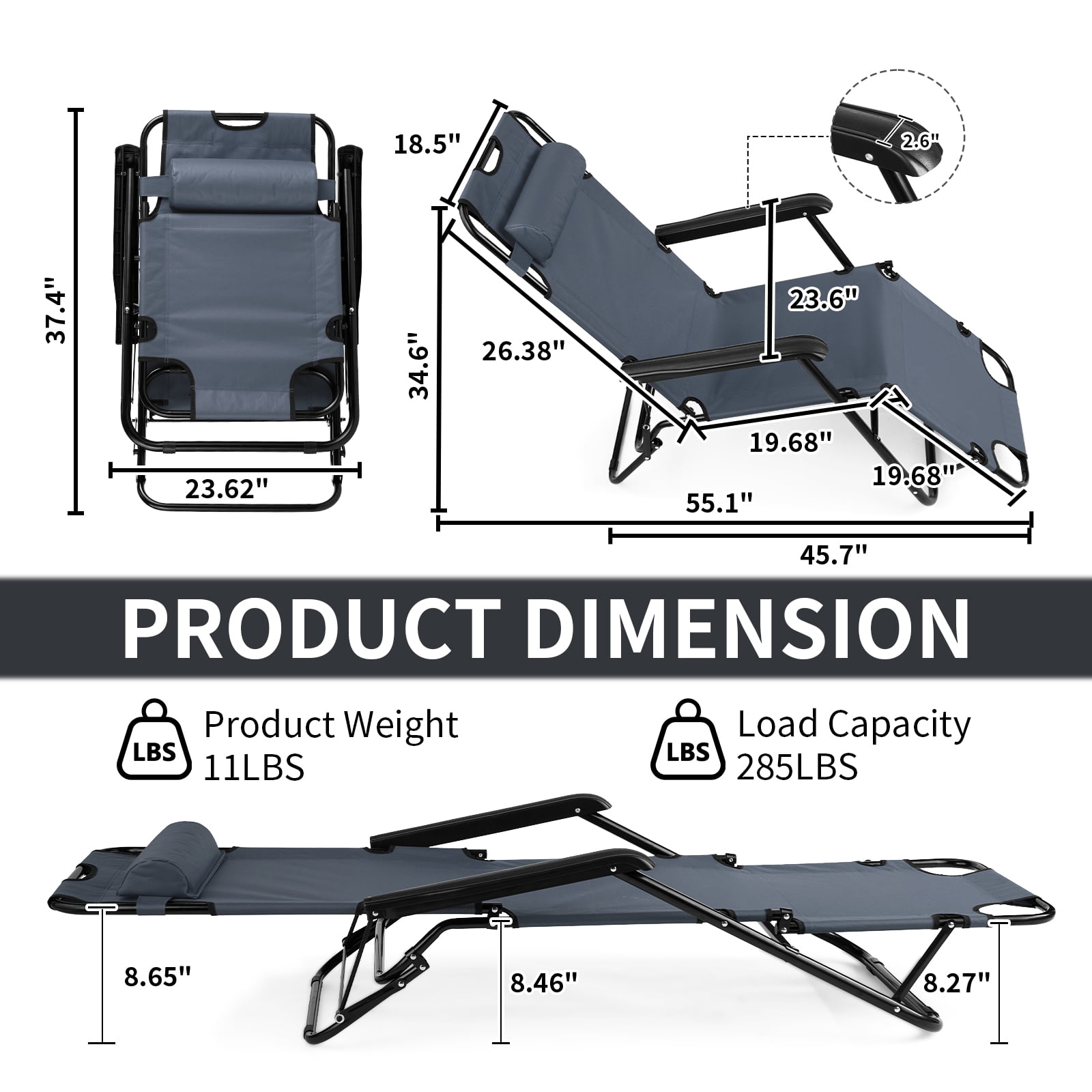UBesGoo 2-Position Adjustable Backrest Chaise Chair, Lightweight Tanning Chair with Pillow, Sun Recliner for Indoor Outdoor - Black