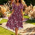 thumbnail image 3 of Smsaxvxz Dresses for Women Fashion Floral Printed V Neck Short Sleeve Bandage Pleated Knee Length Sundress Beach Summer Dresses Purple XL, 3 of 7