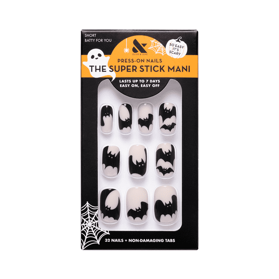 Olive & June Super Stick Mani Short Squoval Press-On Tabs, Batty for You, 32 Pieces