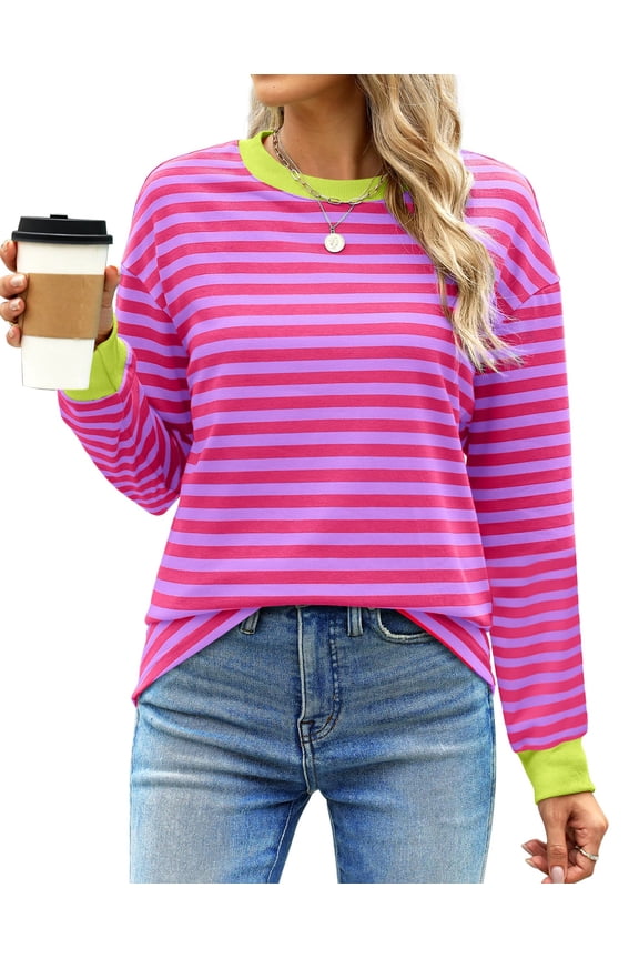 Striped Long Sleeve Shirts for Women Crewneck Tunic Tops Color Block Blouses Fall Pullover
