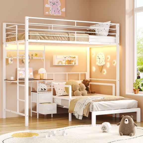 Zimtown Twin Over Twin Metal Bunk Bed Frame with Desk and Storage Drawers, Space Saving Loft Bed Frame for Bedroom, White
