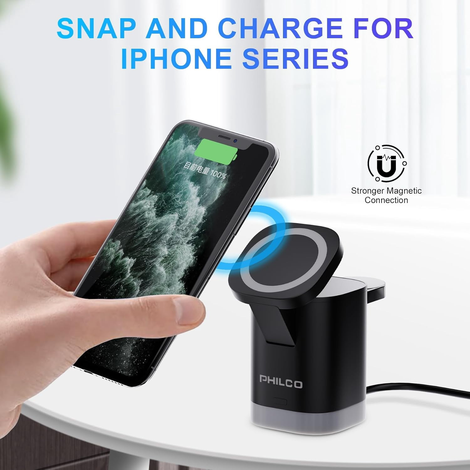 3-in-1 Magnetic Wireless Phone Charger, 15W Mag-Safe Charging Station for Apple Products iPhone 11/12/13/14/15/16, AirPods & Apple Watch with LED Lighting, Fast & Efficient for Home, Office & Travel