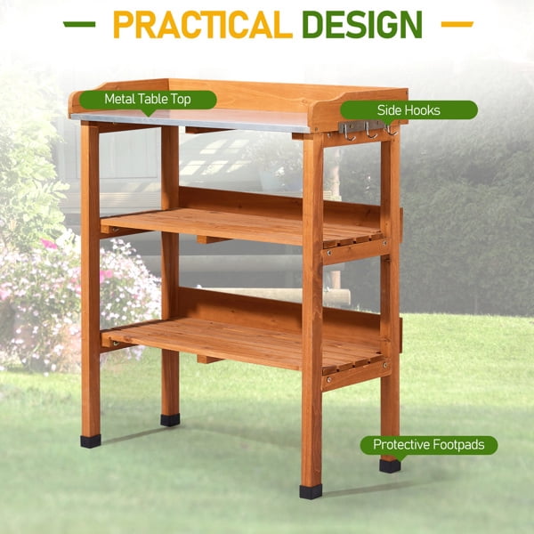 Outdoor Garden Potting Bench Table, Wooden Horticulture Planting Worstation with Metal Tabletop, 2 Storage Shelves, 3 Hooks, Natural Wood