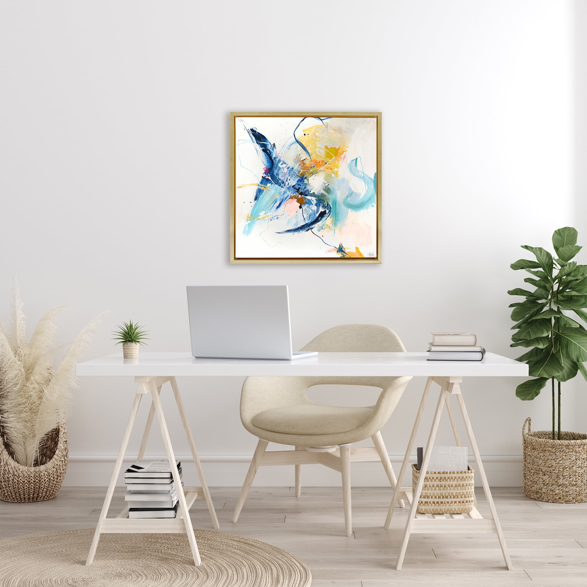 Confident Blue Abstraction Gold Framed Floater Canvas Wall Art, design by Design Fabrikken