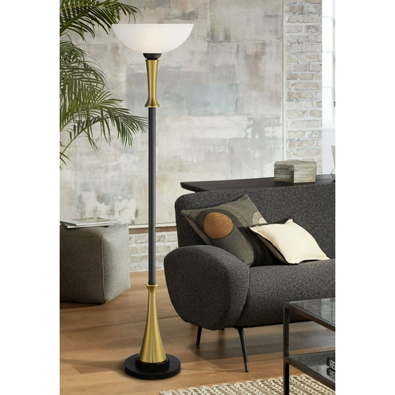 Possini Euro Design Burbank Modern Art Deco Torchiere Floor Lamp 70" Tall Black Brass Frosted White Glass Shade for Living Room Bedroom Office House
