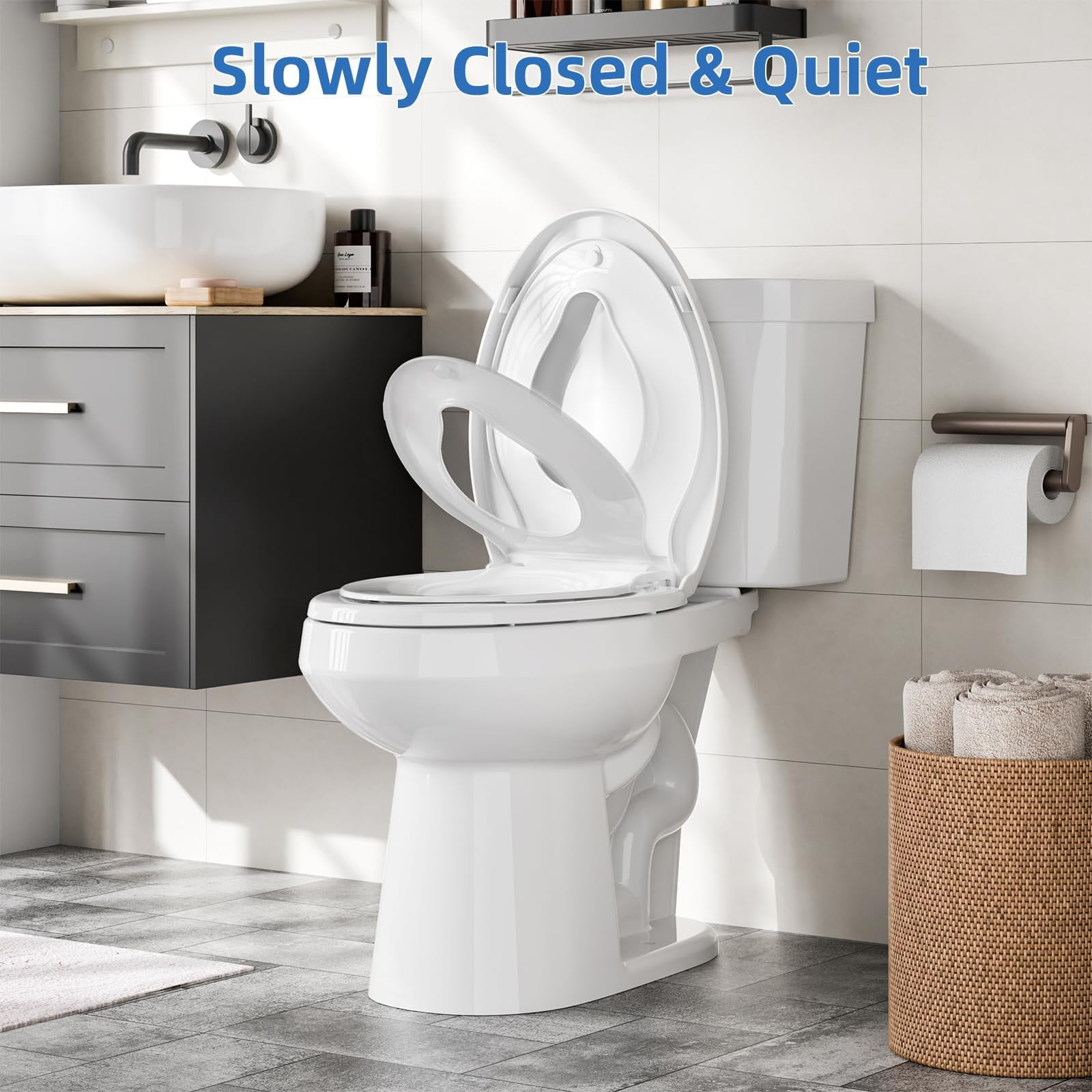 Elongated Soft-Close Toilet Seat with Built-in Toddler Potty Training Seat – Easy Installation, Durable & Quiet Close, Fits Adult & Child, Includes Quick-Detach Hinges