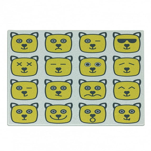 Emoticon Cutting Board, Cat Dog Like Animal Smiling Face with Expressions Angry Happy Sad Moods Art, Decorative Tempered Glass Cutting and Serving Board, Small Size, Yellow and Grey, by Ambesonne