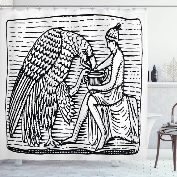 Black and White Shower Curtain, Hand Drawn Greek Mythology Figure with Giant Eagle Woodcut Sketch, Fabric Bathroom Set with Hooks, 69W X 75L Inches Long, Black and White, by Ambesonne